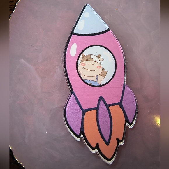 Women’s Jewelry Unique Fun Cute Pink Rocket with Cow inside Enamel  Pin - Picture 2 of 3